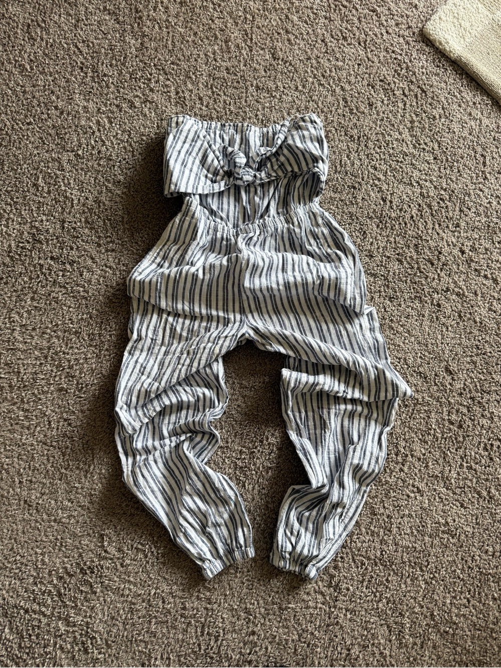 Striped Strapless Jumpsuit in White and Navy - American Eagle